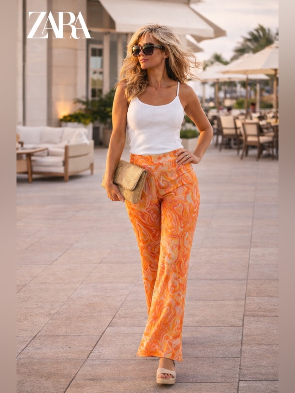 ZARA Orange Jacquard Flare Pants High Waist Pull On Retro Boho Resort EUC Size M